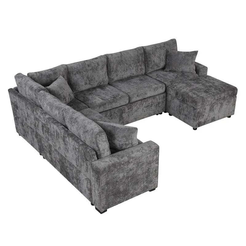 Sectional Sofa Pull-Out Sofa Bed Sleeper With A Storage Ottoman, Three Pillows And Charging Devices 