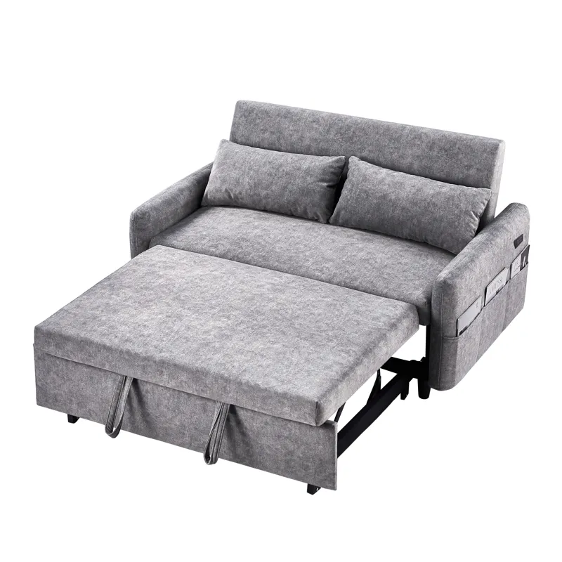 Pull Out Sleep Sofa Bed Loveseats Sofa Couch With Adjsutable Backrest, Storage Pockets, 2 Soft Pillo