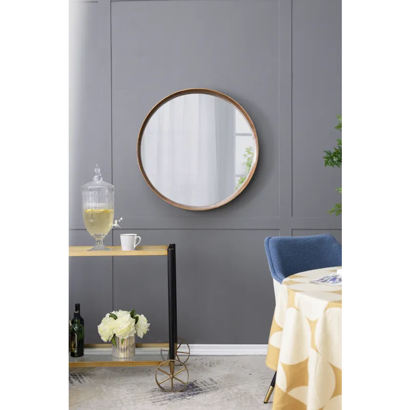 Round Pine Wood Mirror, Wall Mounted Mirror Home Decor For Bathroom Living Room - Brown