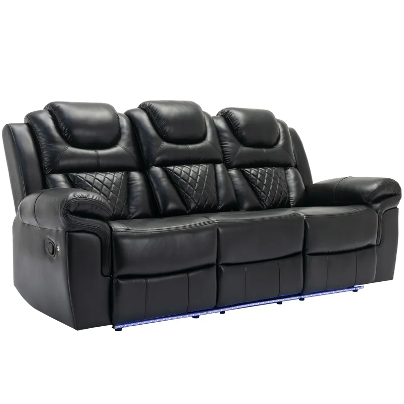 Home Theater Seating Manual Recliner Chair With Center Console And Led Light Strip For Living Room -