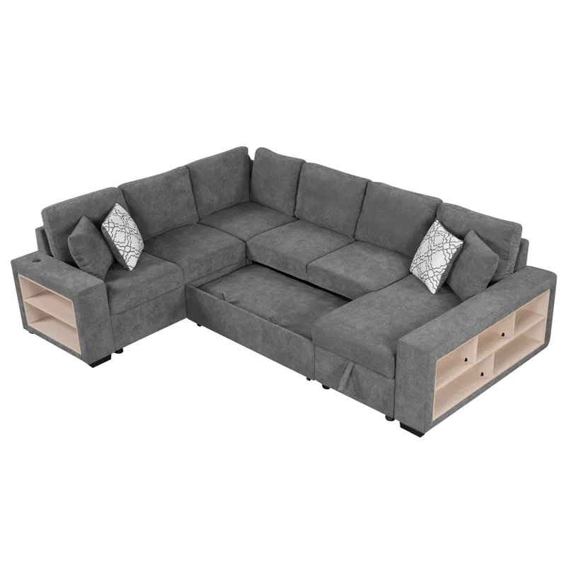 U-Shaped Sectional Sofa Pull-Out Sofa Bed With Two USB Ports, A Storage Chaise Lounge And Four Back 