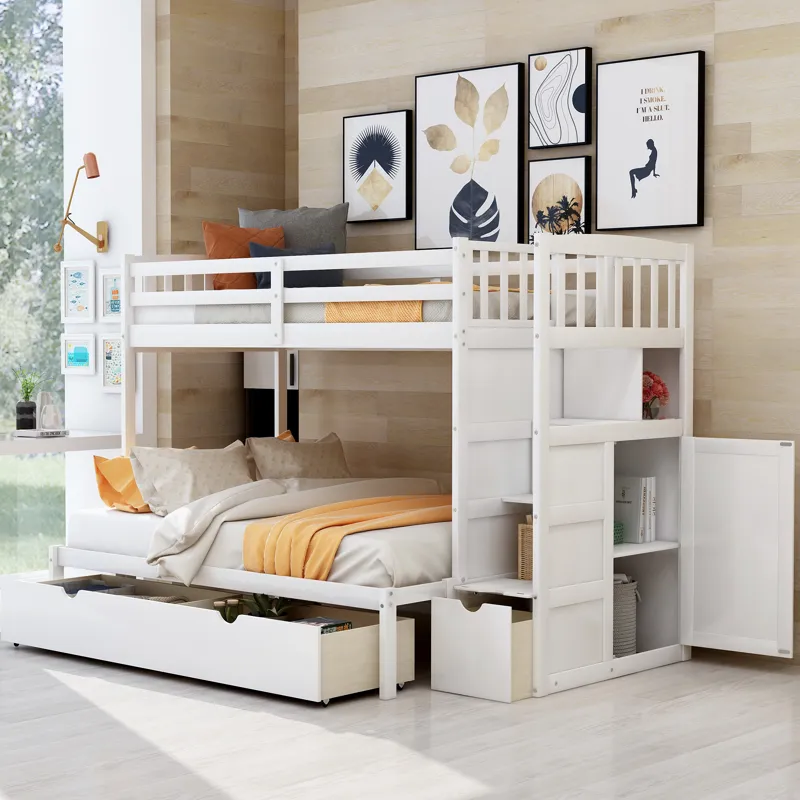 Twin Over Full / Twin Bunk Bed, Convertible Bottom Bed, Storage Shelves And Drawers - White