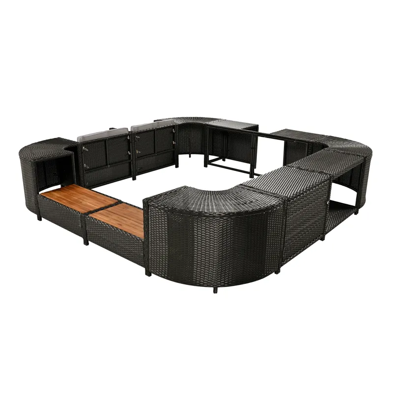 Spa Surround Spa Frame Quadrilateral Outdoor Rattan Sectional Sofa Set With Mini Sofa, Wooden Seats 