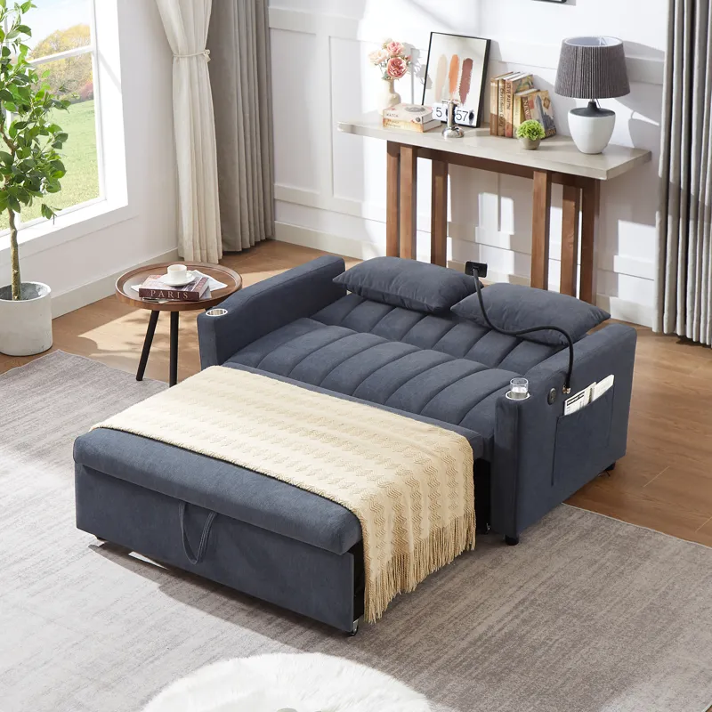 Convertible Sofa Bed Loveseat Sofa With Three USB Ports, Two Side Pockets, Two Cup Holders And 360° 