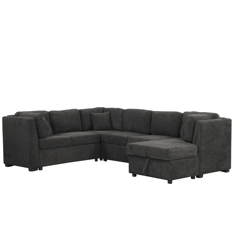 U-Shaped Sectional Sofa Pull Out Sofa Bed With Two USB Ports, Two Power Sockets, Three Back Pillows 