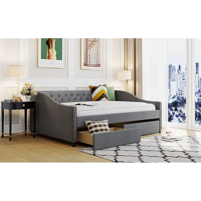 Full Size Upholstered Daybed With Two Drawers, Wood Slat Support - Gray