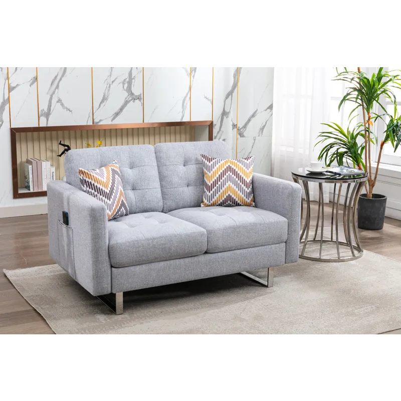 Victoria - Linen Fabric Loveseat With Metal Legs, Side Pockets, And Pillows - Light Gray