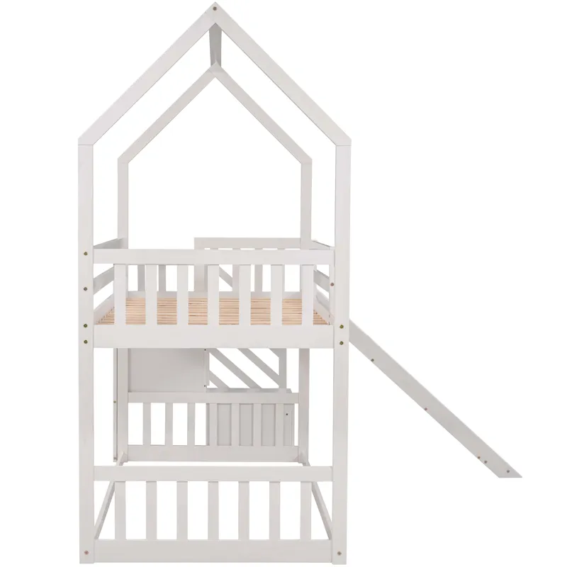 Twin Over Twin House Bunk Bed With Convertible Slide, Storage Staircase - White
