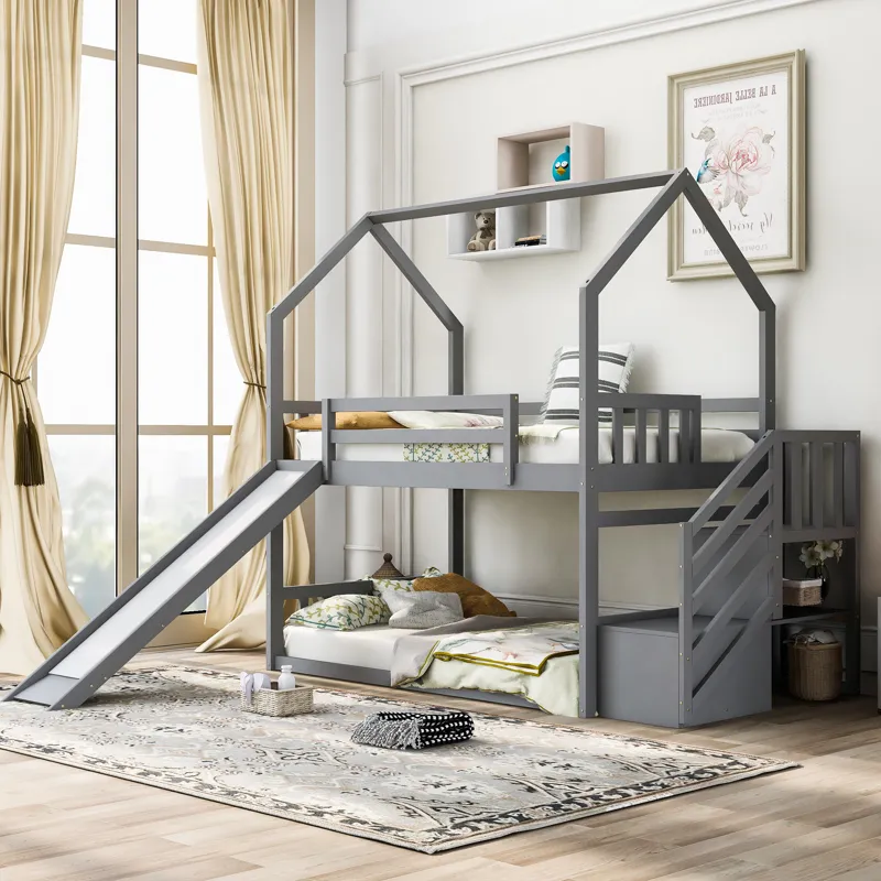 Twin Over Twin House Bunk Bed With Convertible Slide, Storage Staircase Can Be Placed Left Or Right 