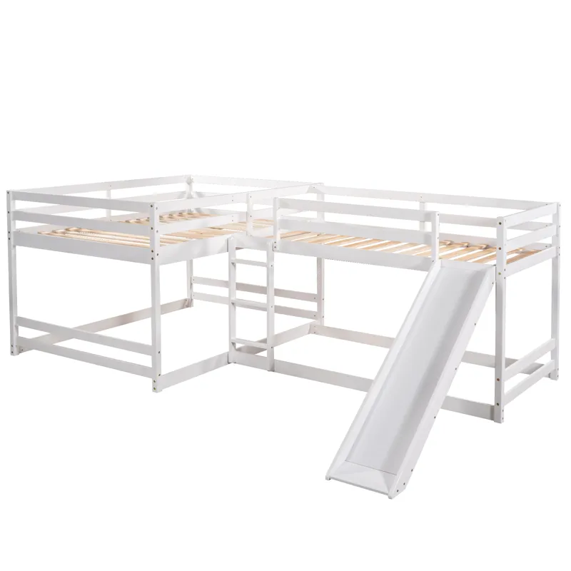 Full And Twin Size L-Shaped Bunk Bed With Slide And Short Ladder - White