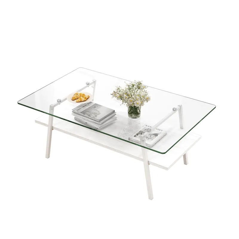 Rectangle Coffee Table, Tempered Glass Tabletop With Metal Legs, Modern Table For Living Room - Tran
