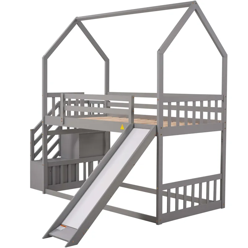 Twin Over Twin House Bunk Bed With Convertible Slide, Storage Staircase Can Be Placed Left Or Right 
