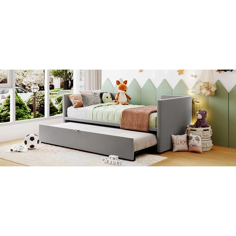 Twin Size Upholstered Daybed With Pop Up Trundle - Gray