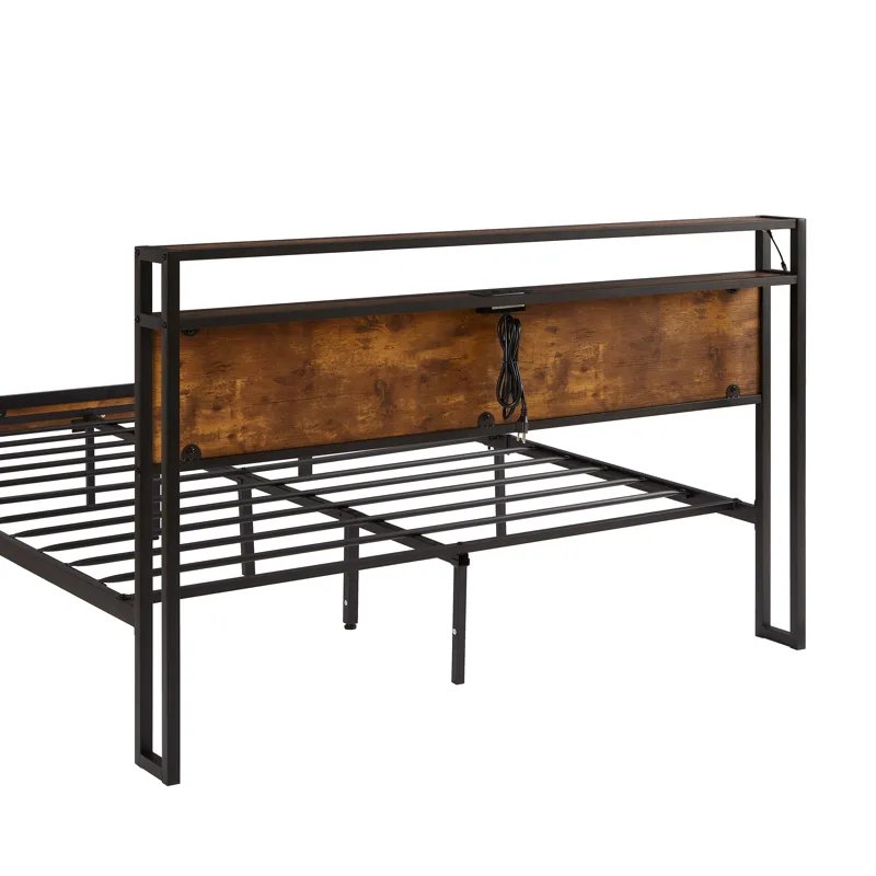Queen Size Metal Platform Bed Frame With Wooden Headboard And Footboard With USB Liner, LED Lights, 