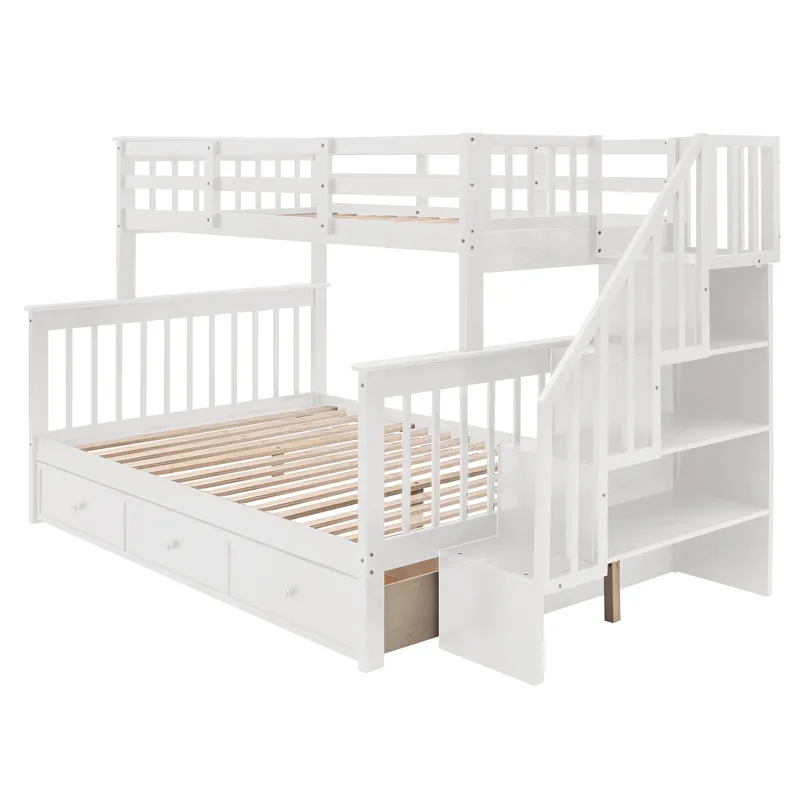 Twin Over Full Stairway Bunk Bed With Drawer, Storage And Guard Rail For Bedroom, Dorm, For Adults -