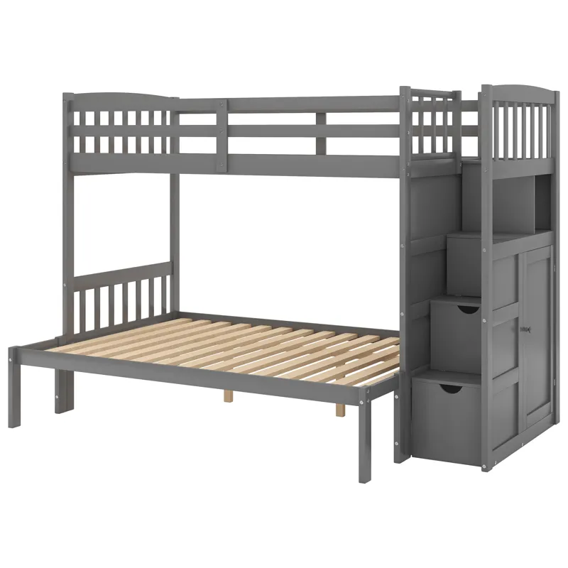Twin Over Full / Twin Bunk Bed, Convertible Bottom Bed, Storage Shelves And Drawers - Gray