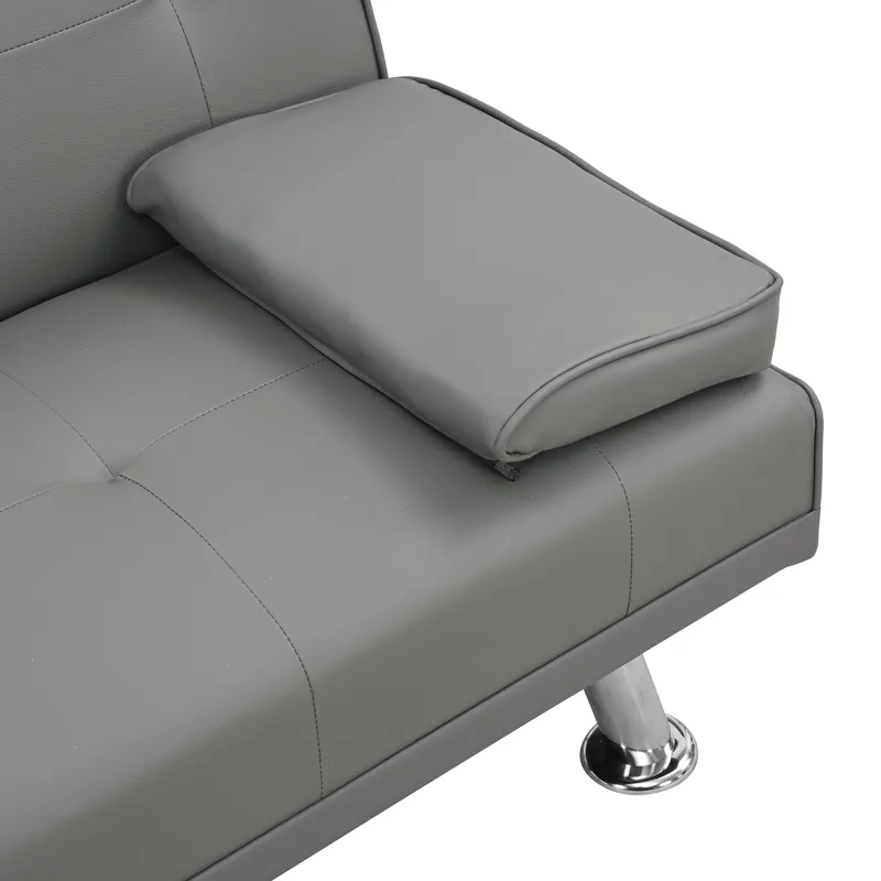 Sofa Bed With Armrest Two Holders Wood Frame, Stainless Leg Futon - Gray