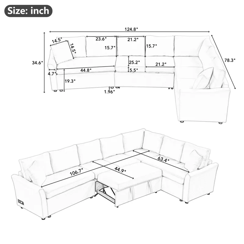 L-Shaped Sofa Convertible Sofa Bed Pull Out Sofa Sleeper With Two Back Pillows, Two USB Ports And Tw
