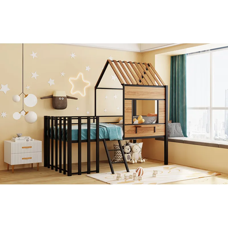 Twin Size Loft Bed With Roof, Window, Guardrail, Ladder Black
