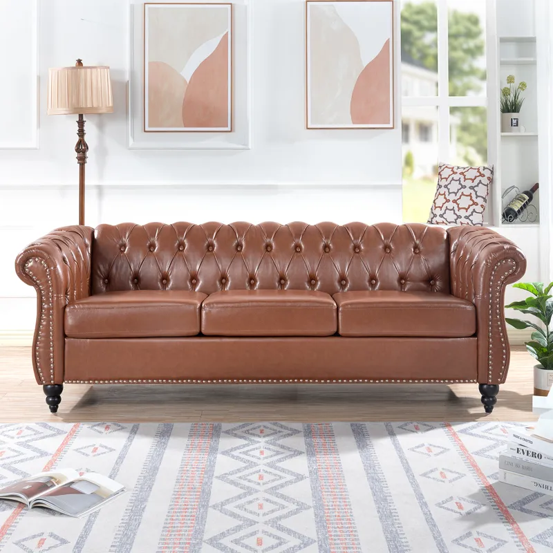 Rolled Arm Chesterfield Three Seater Sofa - Brown