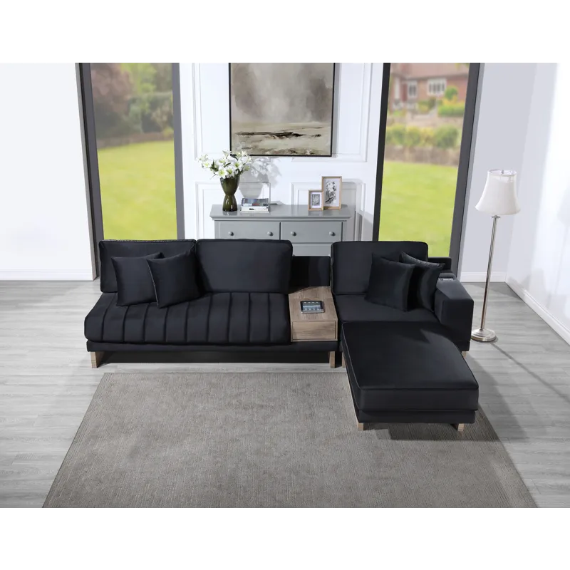 Memphis - 122.5\"W Black Velvet Reversible Sectional Sofa Ottoman With Storage Compartment, Drawer, 