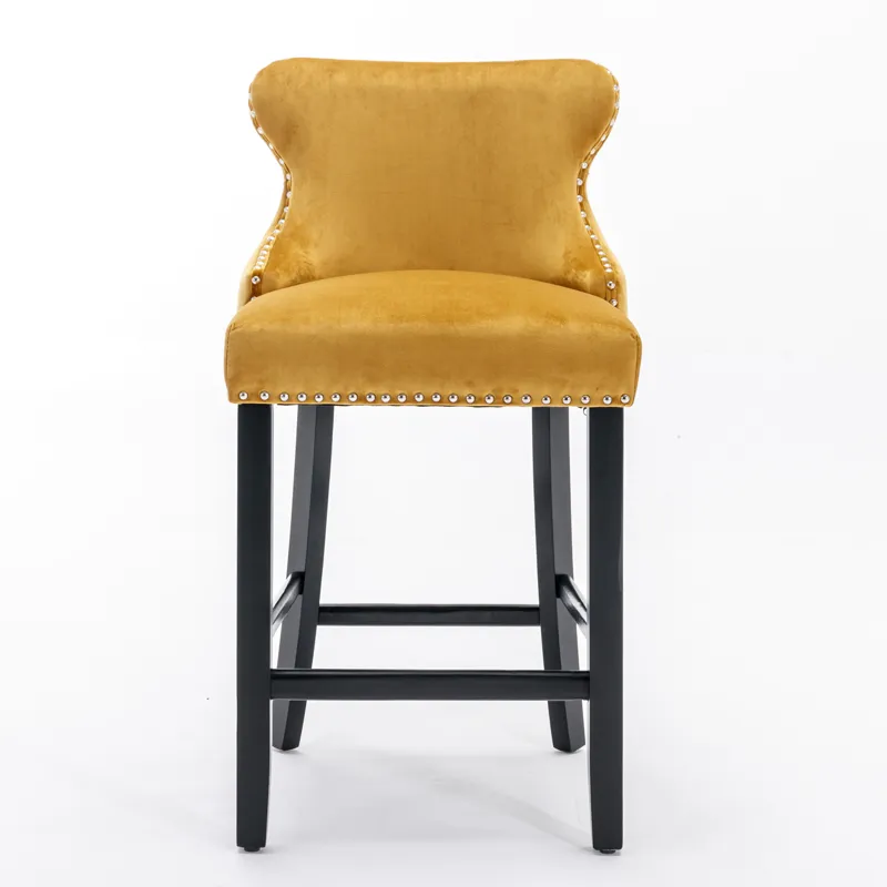 Contemporary Velvet Upholstered Wing-Back Barstools With Button Tufted Decoration And Wooden Legs, A