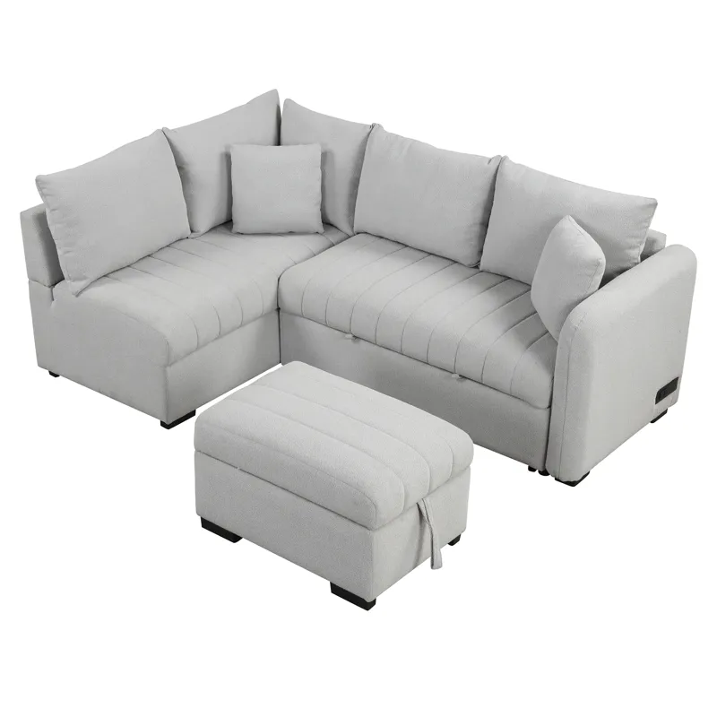 L-Shaped Sectional Pull Out Sofa Bed Sleeper Sofa With Two USB Ports, Two Power Sockets And A Movabl