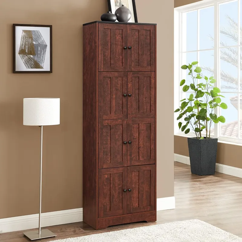 Tall Storage Cabinet With 8 Doors And 4 Shelves, Wall Storage Cabinet For Living Room, Kitchen, Offi