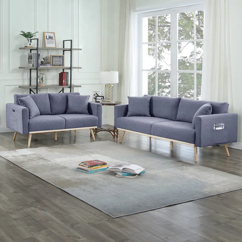 Easton - Linen Fabric Sofa, Loveseat Living Room With USB Charging Ports Pockets And Pillows (Set of