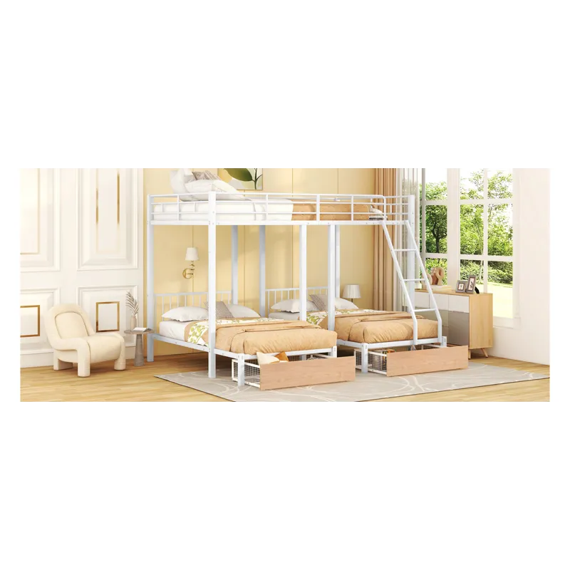 Full Over Twin & Twin Bunk Bed, Metal Triple Bunk Bed With Drawers And Guardrails - White
