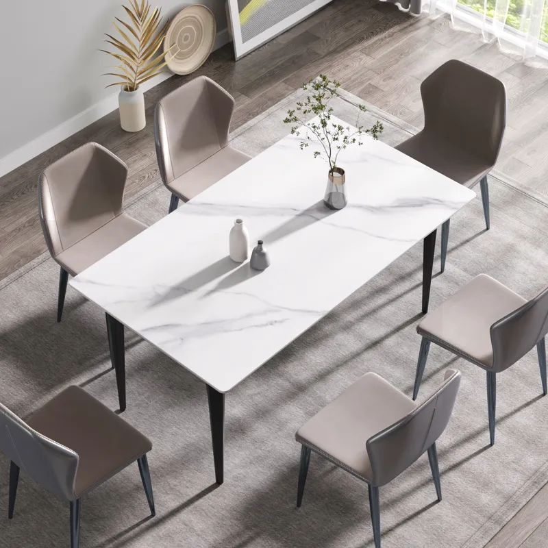 63\" Modern Artificial Stone White Straight Edge Black Metal Leg Dining Table, 6 People - White / Bl