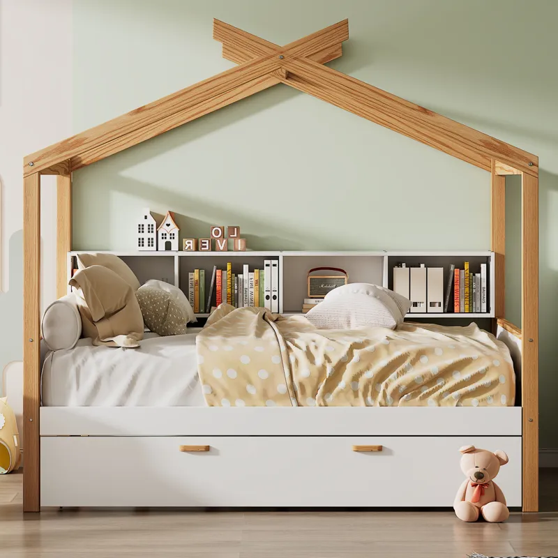 Twin Size Wooden House Bed With Original Wood Colored Frame Twin Size Trundle And Bookshelf Storage 