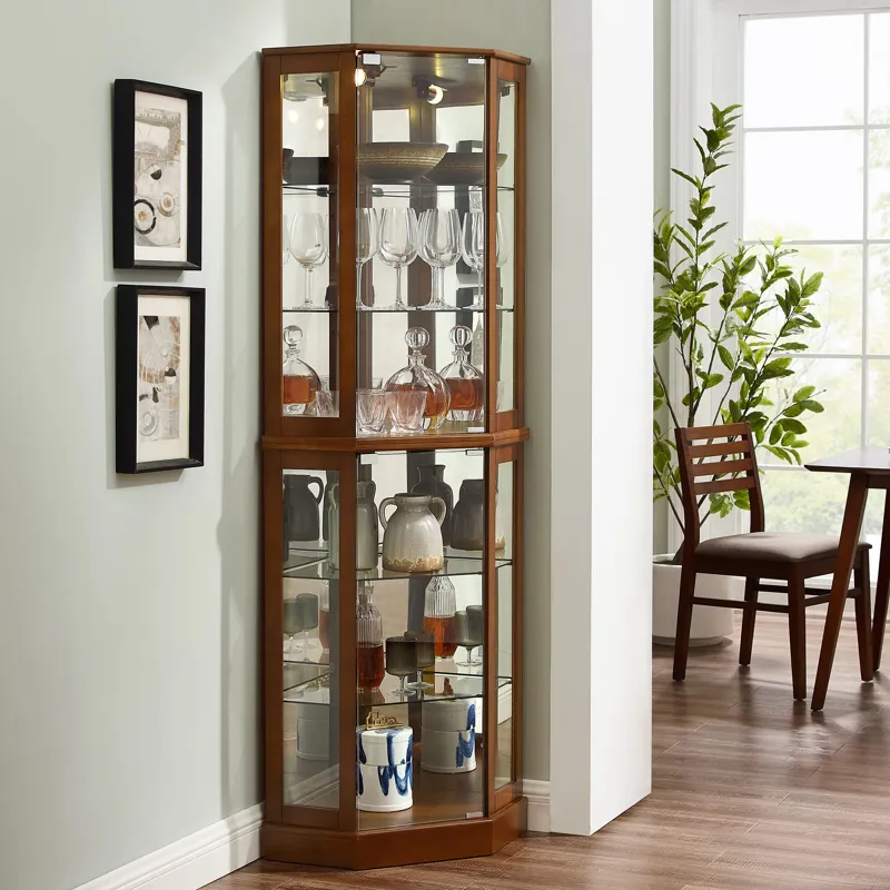 6 Shelf Corner Curio Display Cabinet With Lights, Mirrors And Adjustable Shelves (E26 Light Bulb Not