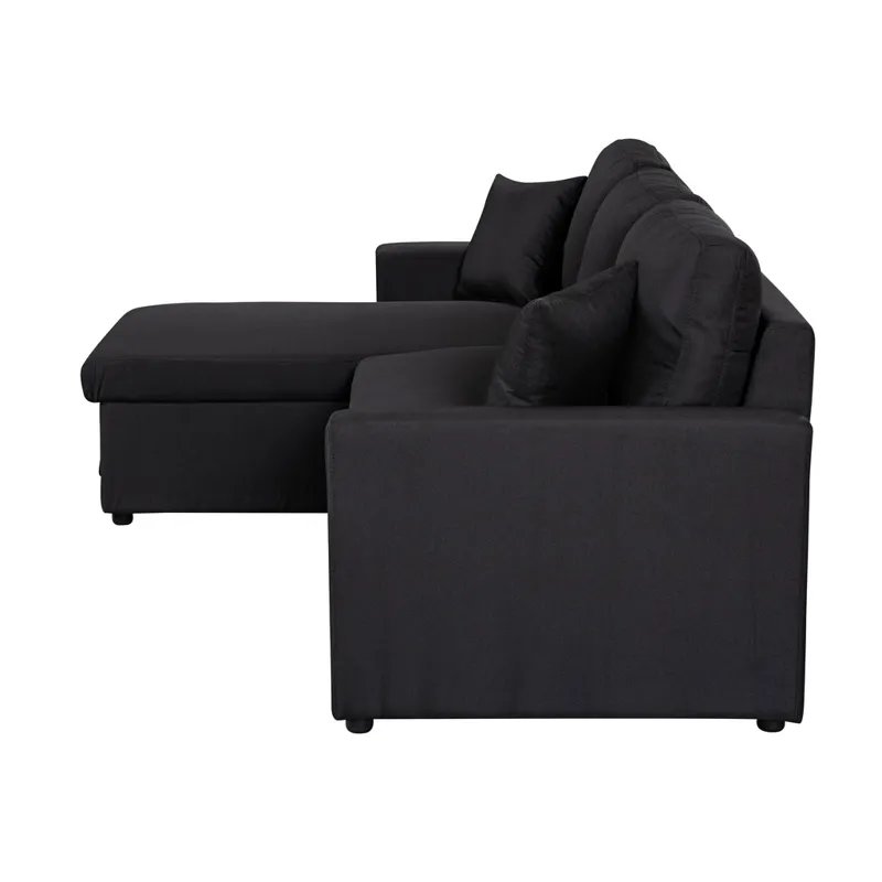 Paisley - Linen Fabric Reversible Sleeper Sectional Sofa With Storage Chaise - Black