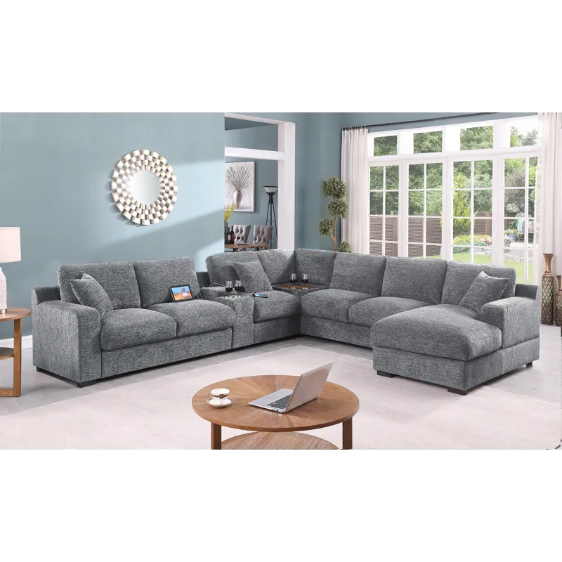 Celine - Chenille Fabric Corner Sectional Sofa With Right-Facing Chaise, Cupholders, And Charging Po