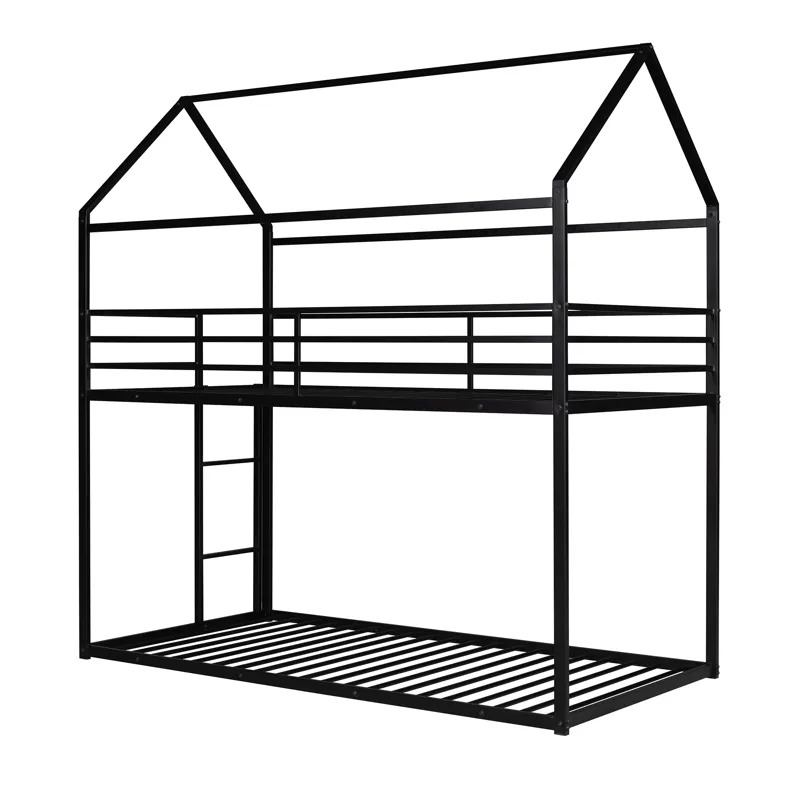 Bunk Beds For Kids Twin Over Twin, House Bunk Bed Metal Bed Frame Built-In Ladder, No Box Spring Nee