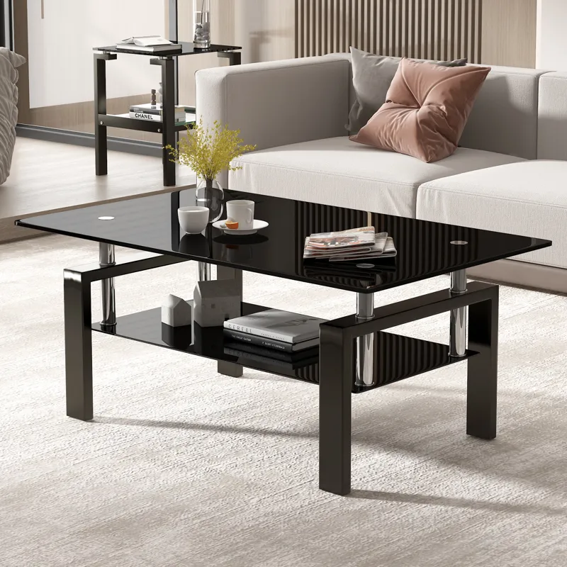 Tempered Black Glass Coffee Table, 2-Layers Tea Table - Black