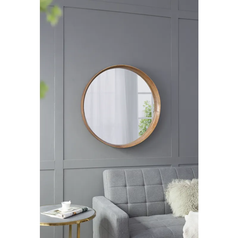 Round Pine Wood Mirror, Wall Mounted Mirror Home Decor For Bathroom Living Room - Brown