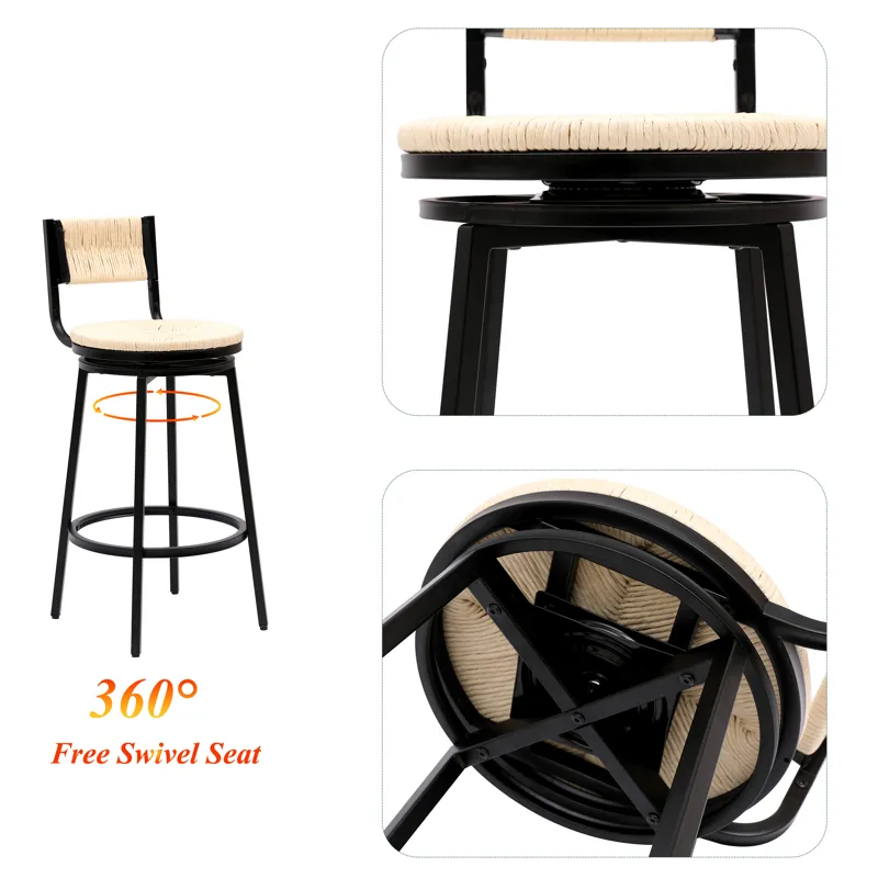 Bar Stools Swivel Counter Chairs With Metal Frame (Set of 2) Hand Woven Paper Rope Dining Barstools 