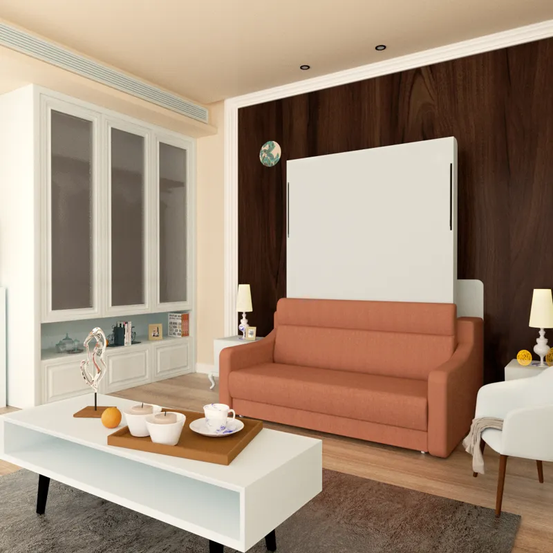 Morden Deisgn Vertical Murphy Bed With Sofa For Bedroom Or Guestroom White Wall Bed Space Saving Hid