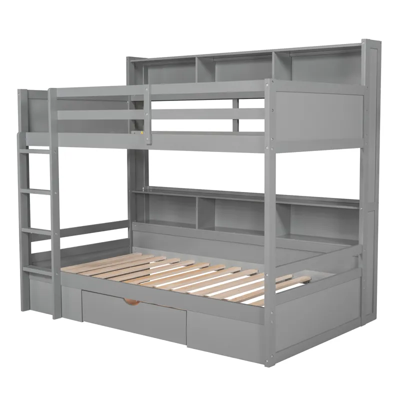Twin Size Bunk Bed With Built-In Shelves Beside Both Upper And Down Bed And Storage Drawer - Gray
