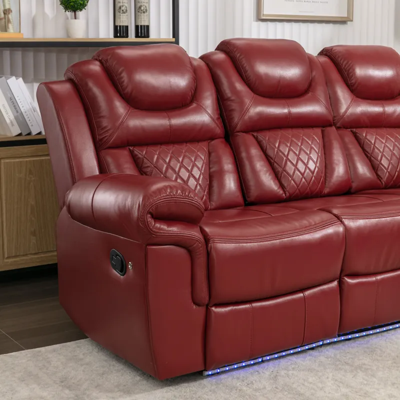 Home Theater Seating Manual Recliner Chair With Center Console And Led Light Strip For Living Room -