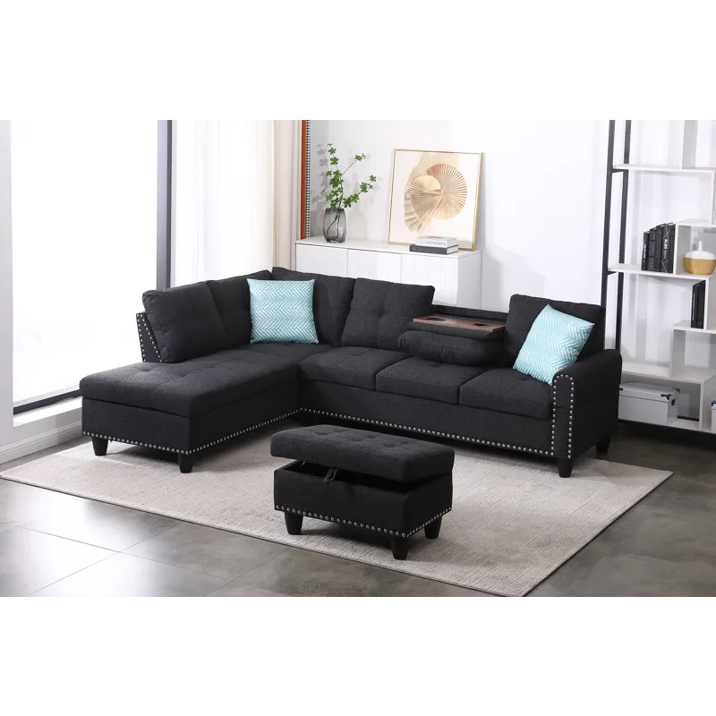 Alger - 98" Wide Left Hand Facing Sofa & Chaise With Ottoman - Charcoal Grey