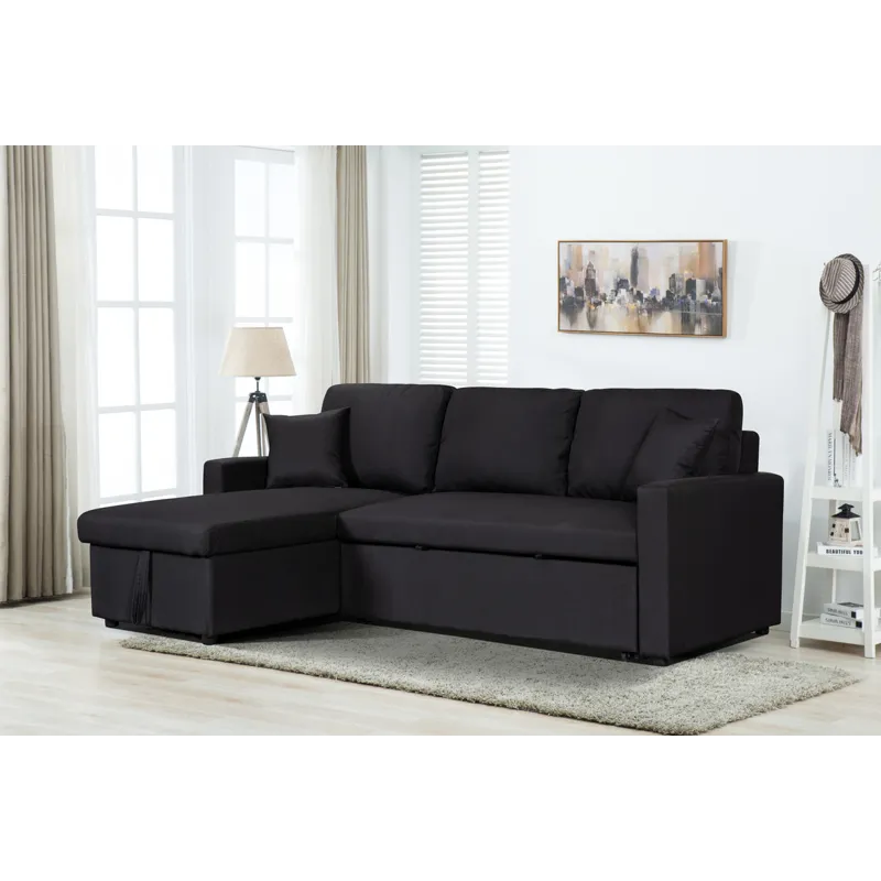 Paisley - Linen Fabric Reversible Sleeper Sectional Sofa With Storage Chaise - Black
