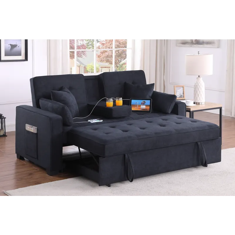 Cody II - 69.5\"W Dark Gray Woven Fabric Convertible Sleeper Loveseat With Cup Holder, Charging Port