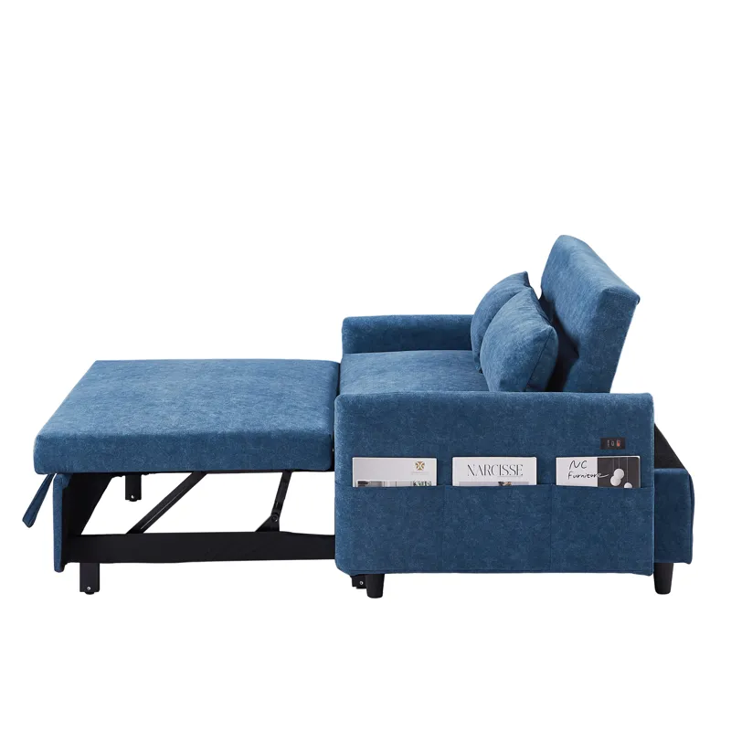Pull Out Sleep Sofa Bed Loveseats Sofa Couch With Adjsutable Backrest, Storage Pockets, 2 Soft Pillo