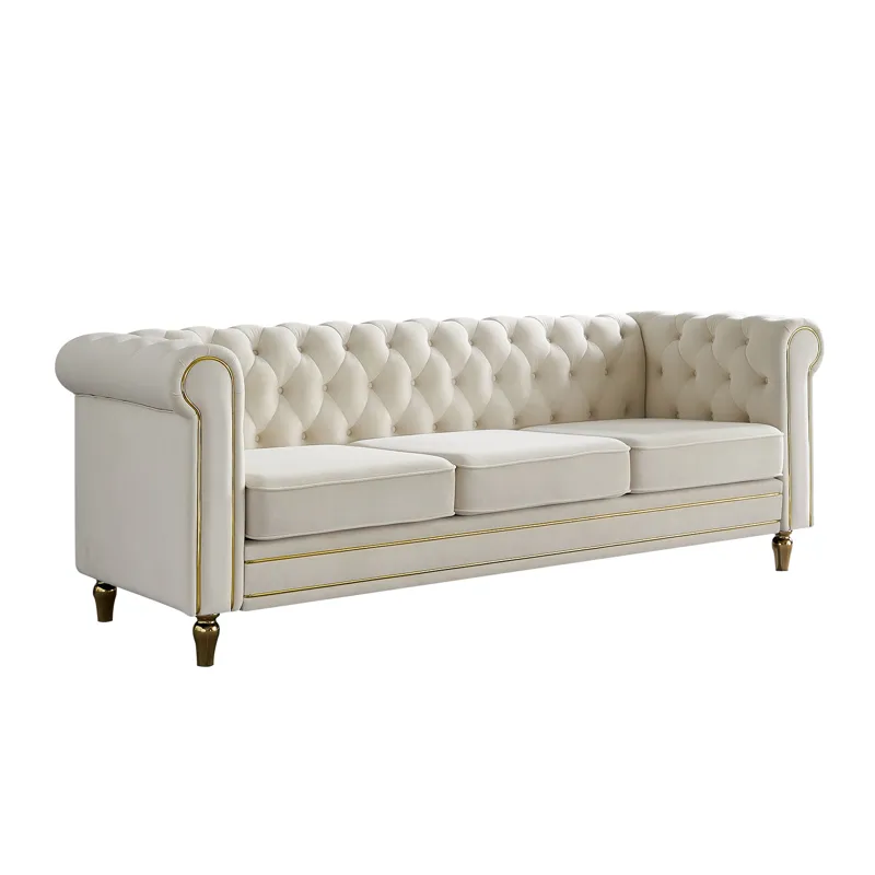 Chesterfield - Velvet Sofa 84.65\" For Living Room - Beige