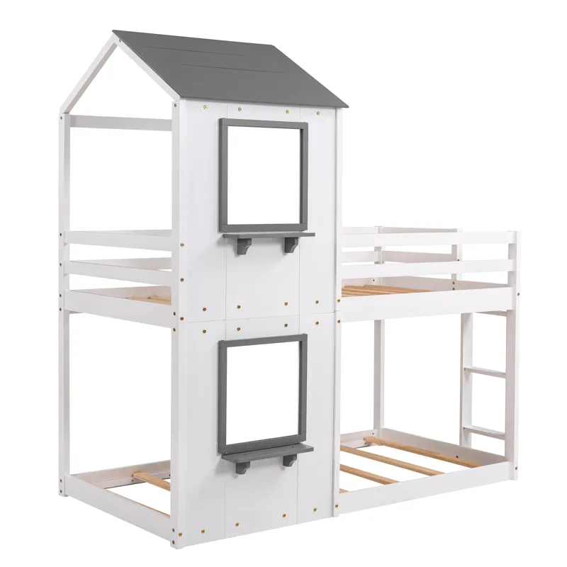 Twin Over Twin Bunk Bed Wood Bed & Roof, Window, Guardrail, Ladder - White