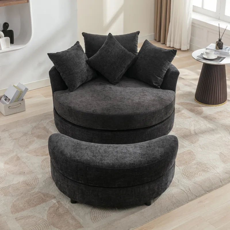 360° Swivel Accent Barrel Chair With Storage Ottoman & 4 Pillows, Modern Chenille Leisure Chair Roun