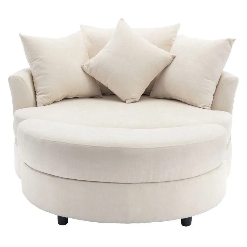 360° Swivel Accent Barrel Chair With Storage Ottoman & 4 Pillows, Modern Chenille Leisure Chair Round Accent For Living Room - Cream
